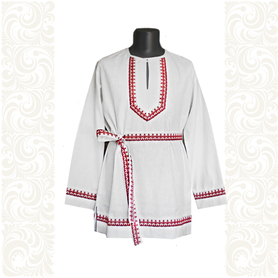 Рубаха мужская Колосок, лён белый, декор красный- фото 1